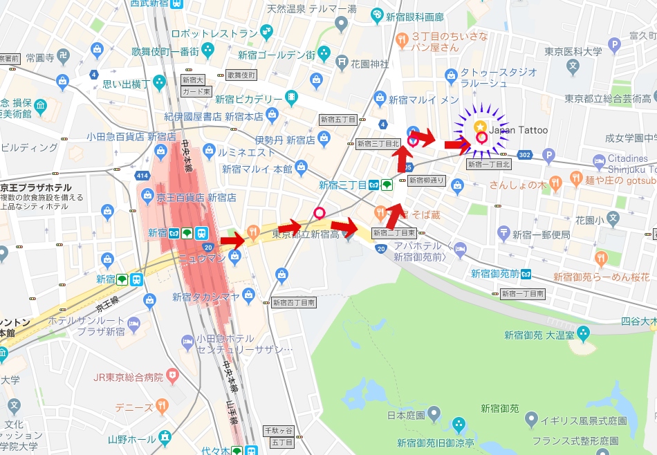 How to get to Japan Tattoo from Shinjuku Station?